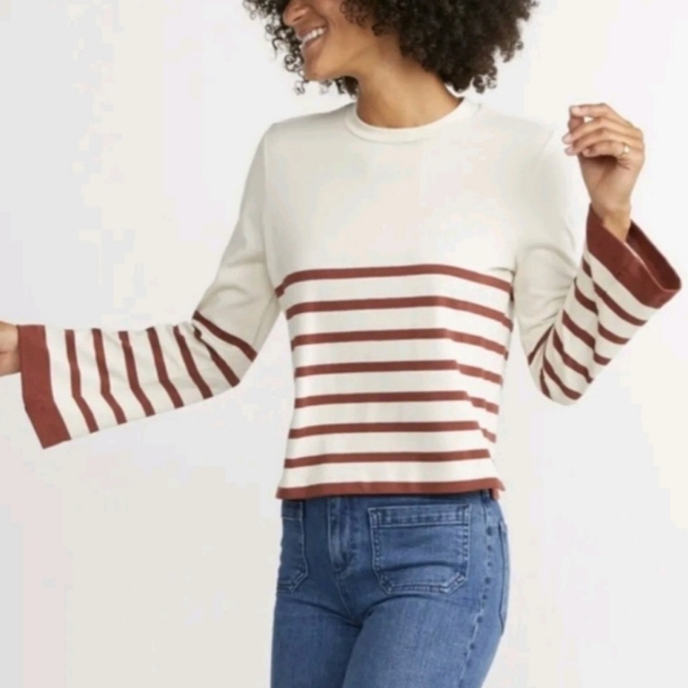 Striped Bell Sleeve Crewneck Top - Cream and Rust